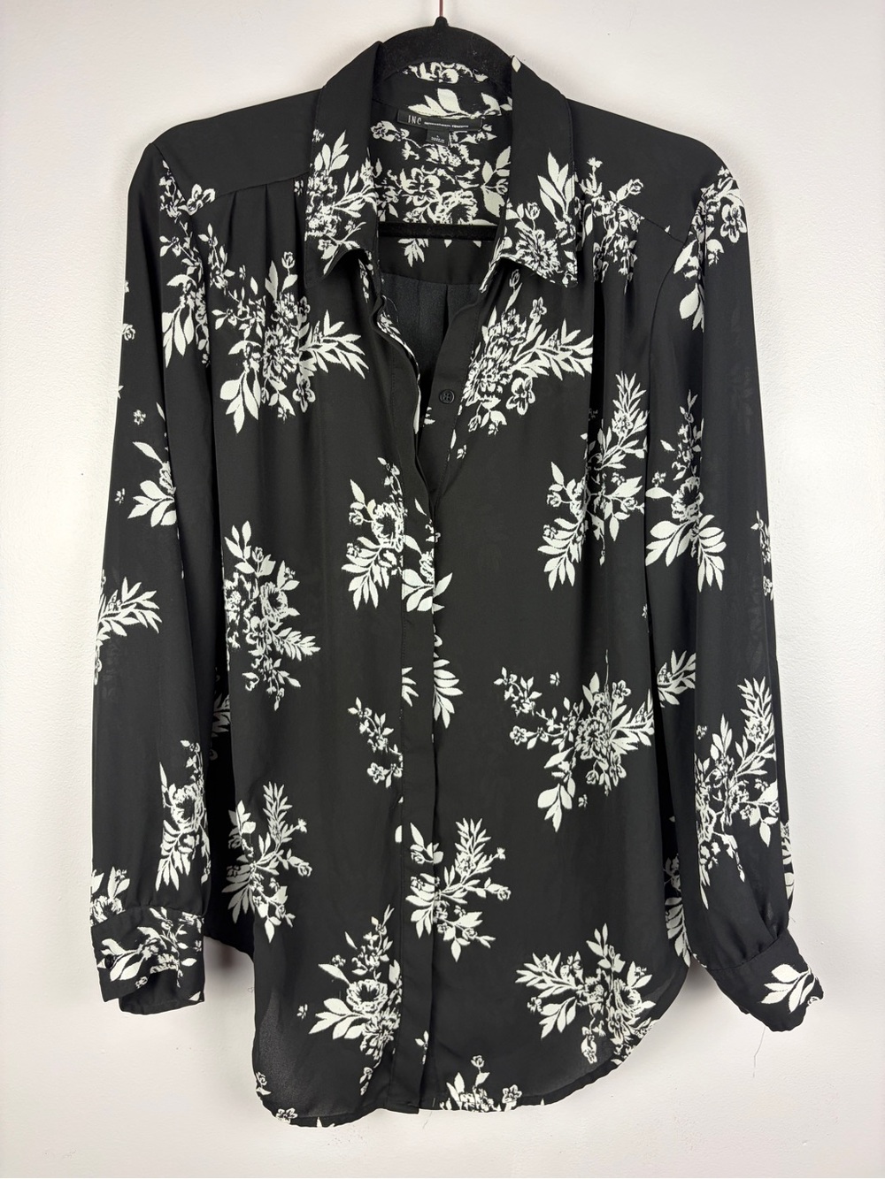 INC International Concepts Large Black White Floral Button Front Blouse